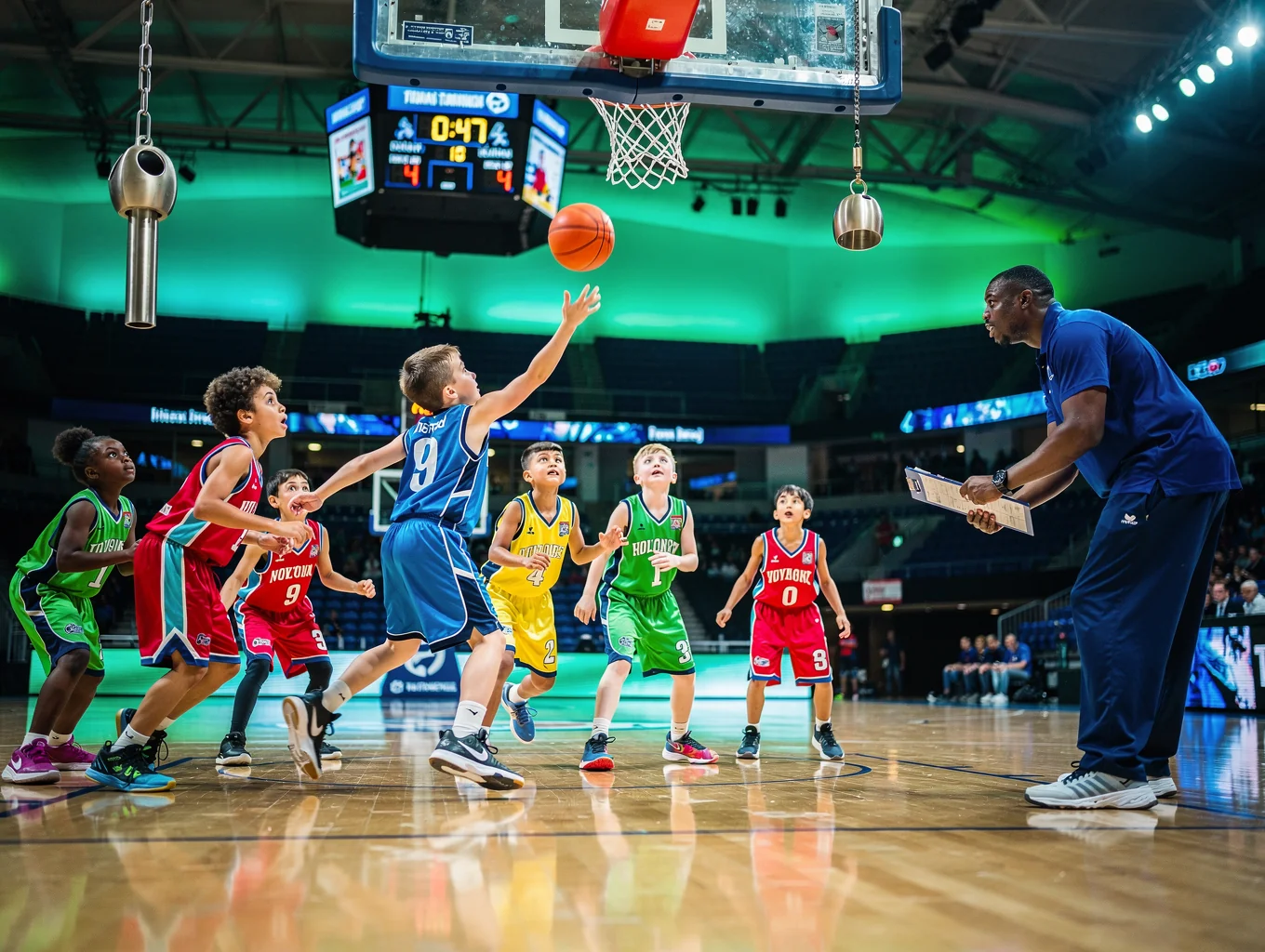 Young athletes learning basketball dribbling on indoor court