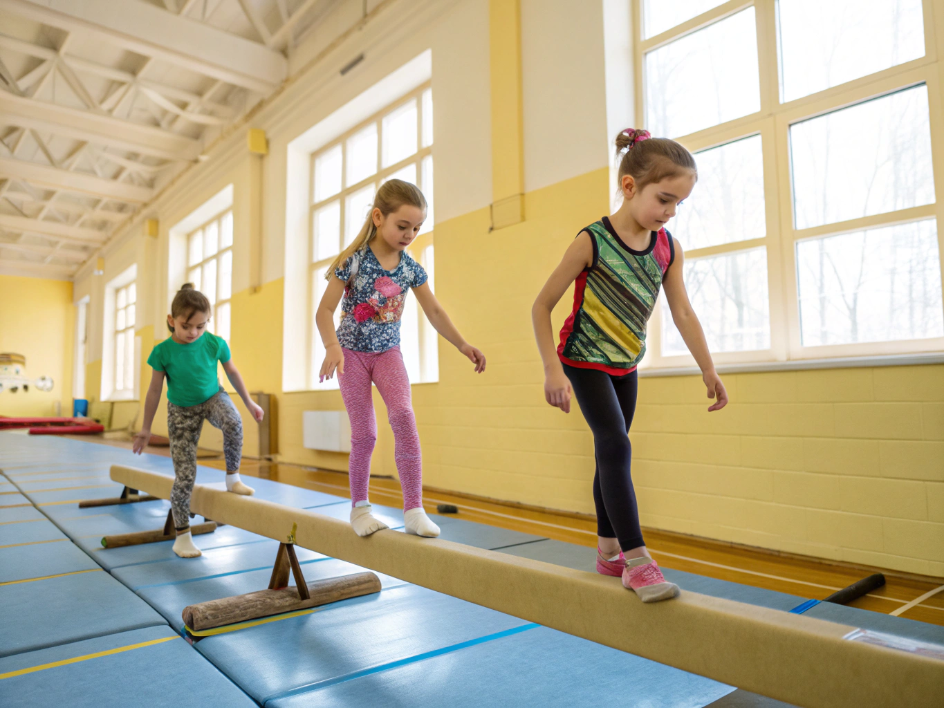 Children performing balance exercises on gymnastics mats