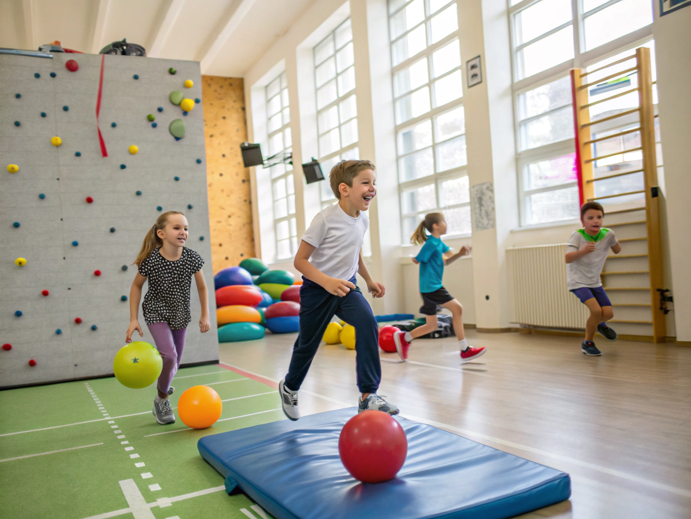 Children playing sports in a bright gym