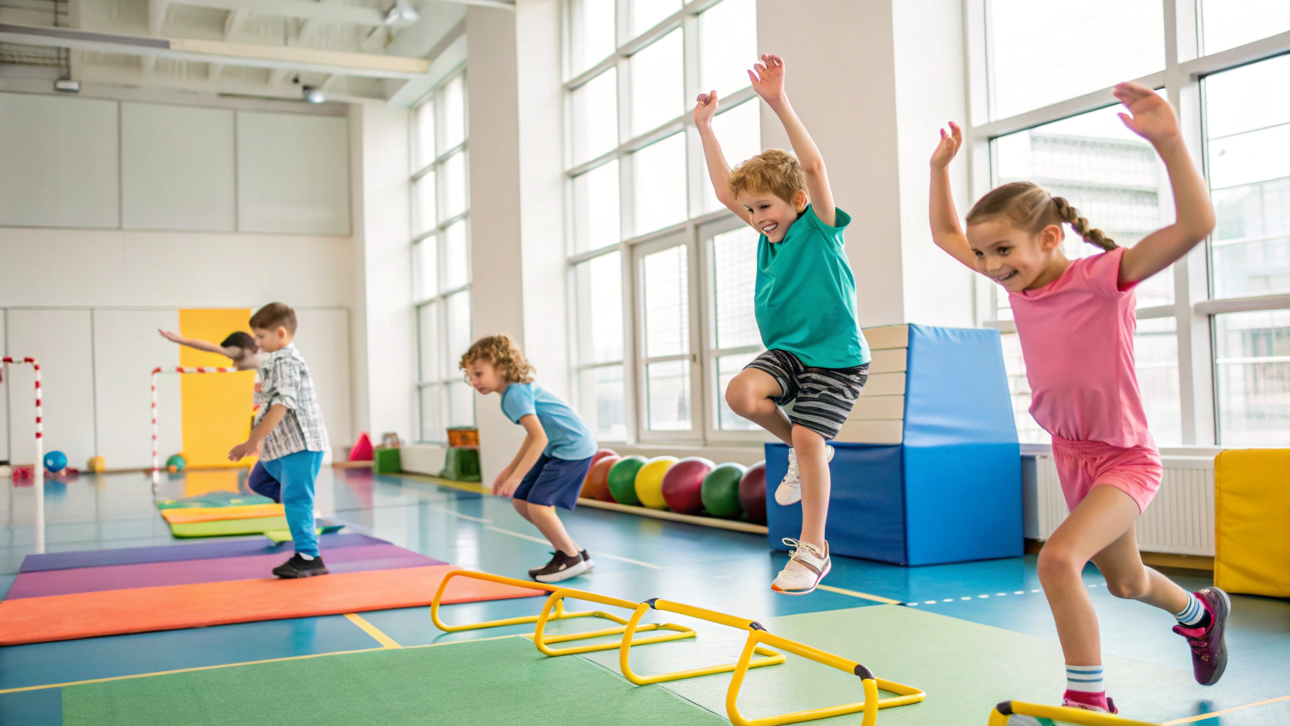 Children playing soccer and gymnastics at JUNIORFIT academy
