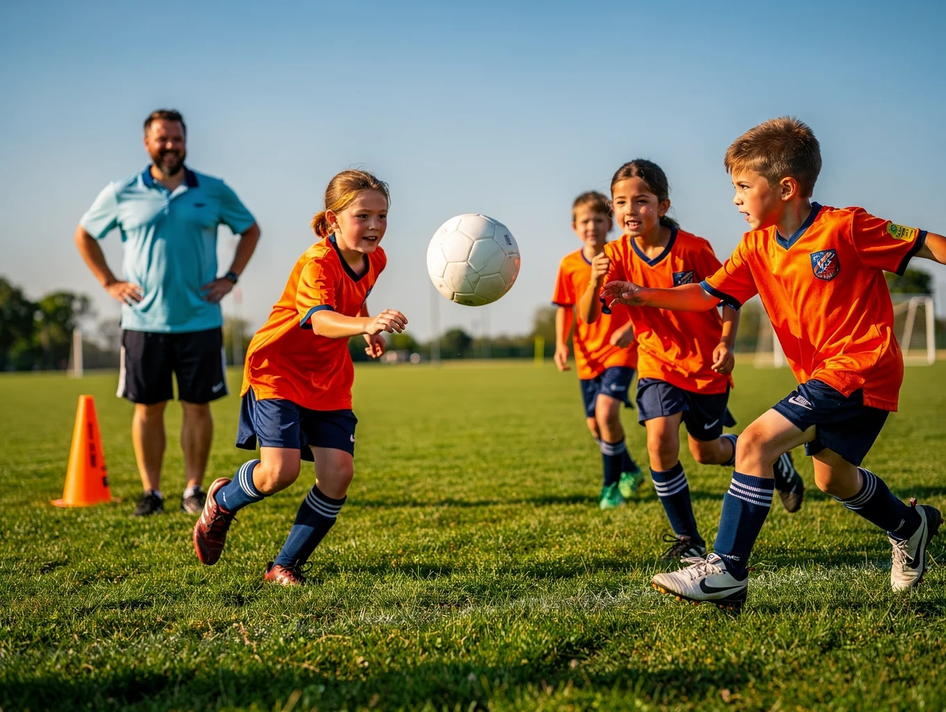 Children practicing soccer drills on a bright green field